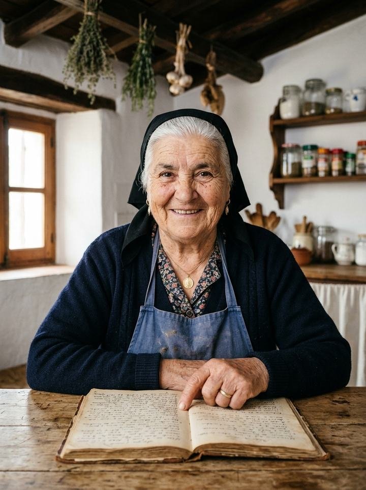 Abuela Remedios sonriendo en su cocina de pueblo, con manojos de hierbas colgados de las vigas