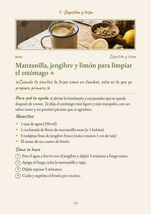 Página real de la ficha R001, con foto, ingredientes y pasos de la manzanilla con jengibre y limón
