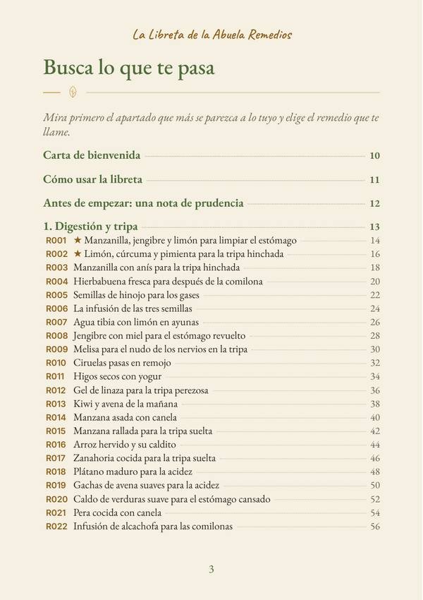 Página real del índice del libro, con los remedios numerados R001 a R022 del capítulo Digestión y tripa